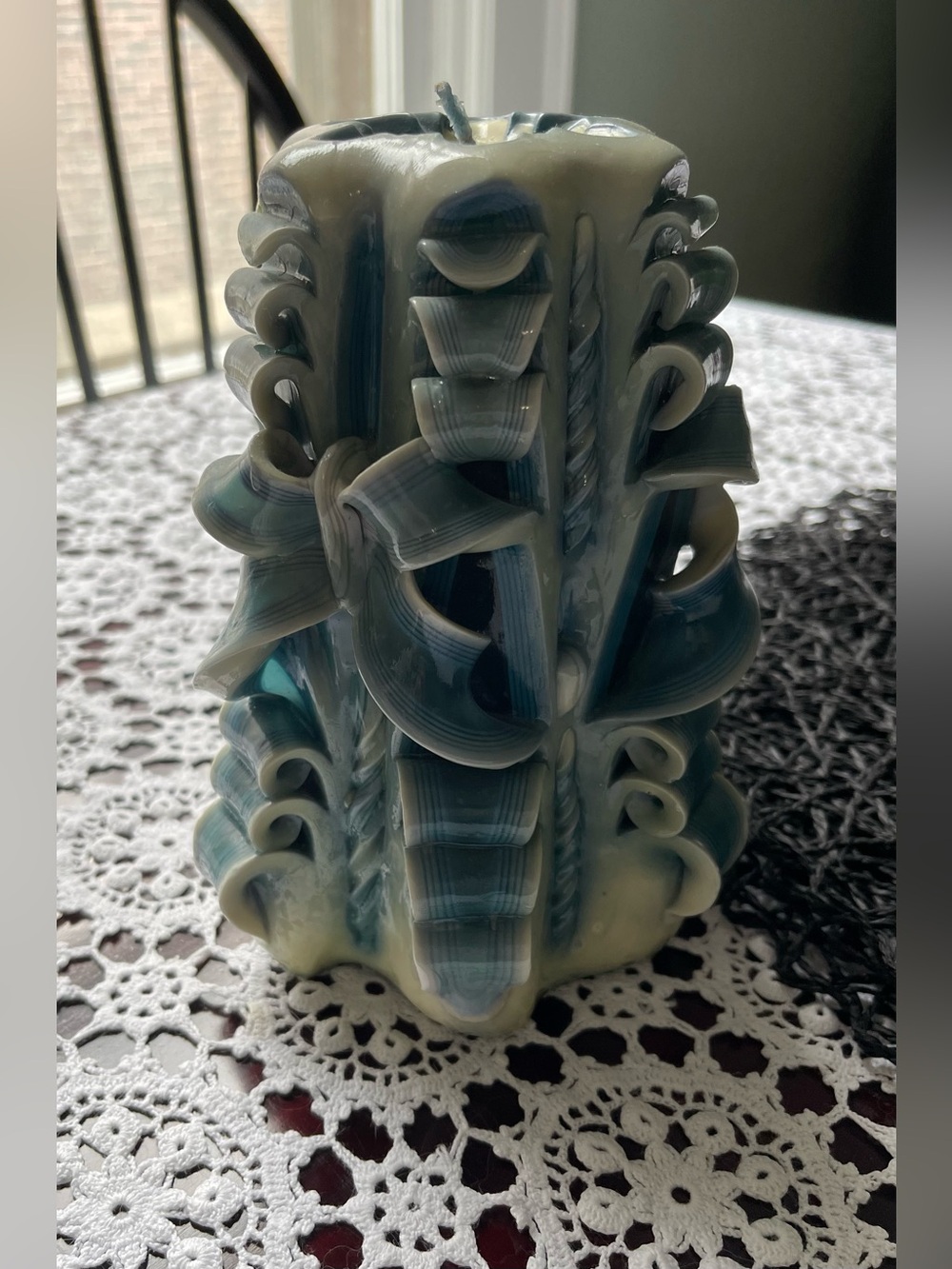 Vintage Hand-Carved Decorative Blue & Cream Ribbon Candle